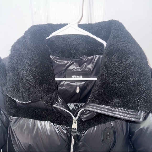 Mackage Montreal Miya black puffer jacket Shearling trim collar Small - Picture 6 of 16